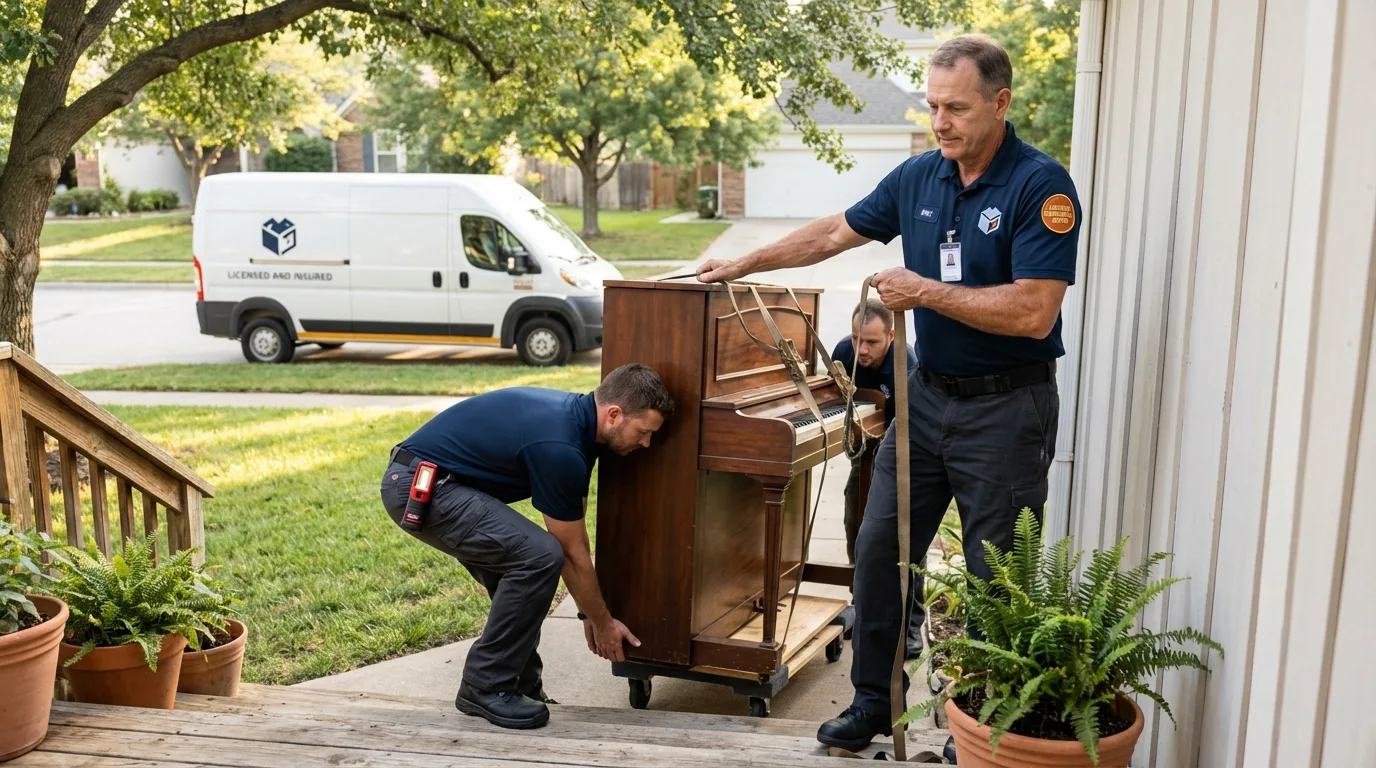 Licensed piano movers securing grand piano in Donald, OR