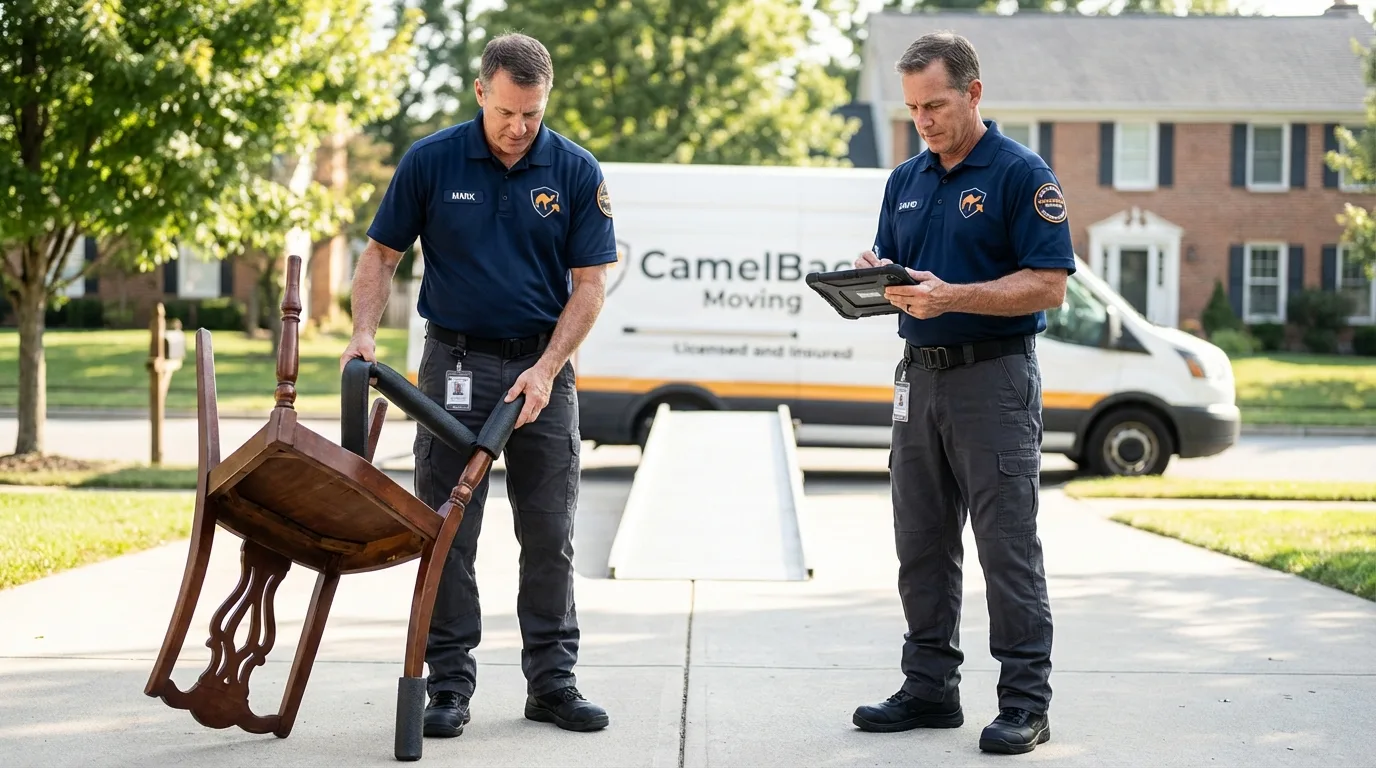 Movers inspecting furniture for damage prevention before loading in Donald, OR