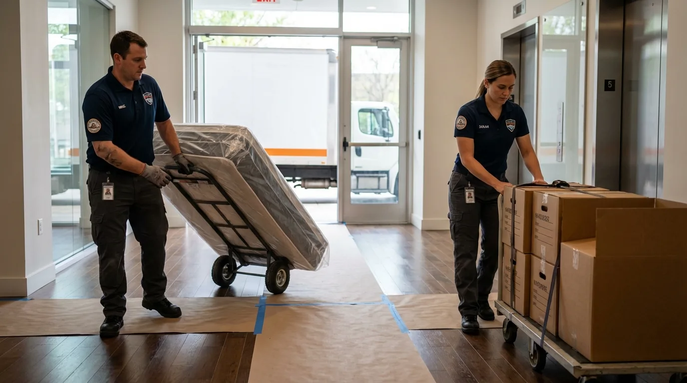 Professional apartment movers loading elevator in Donald, OR