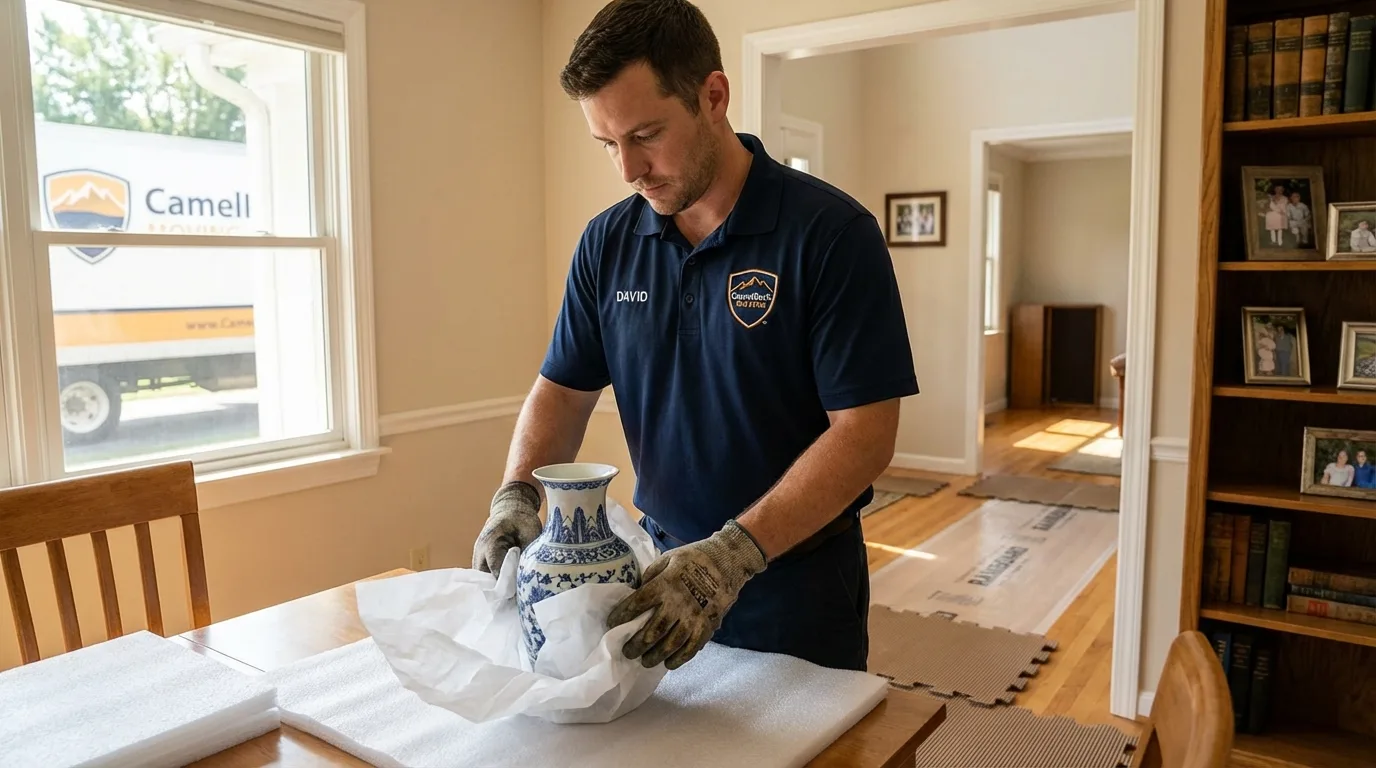 Professional crew carefully wrapping antique vase for senior downsizing move in Donald, OR