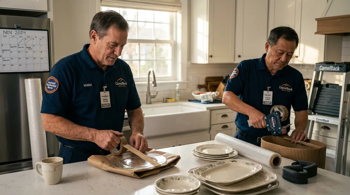 Professional crew packing kitchen dishware in Donald, OR
